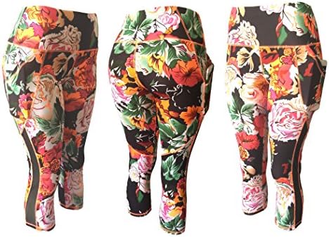 NY GOLDEN FASHION Women Compression Yoga Pants Stretch Workout Fitness Active Capri Leggings with 2 Pockets (L/XL, Multi Floral/Black Mix)