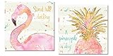 Tropical Hot Pink and Gold Watercolor Flamingo and Pineapple 