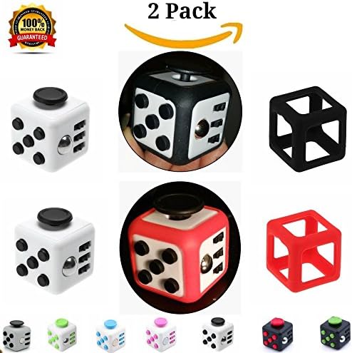 Fiddle EXCLUSIVE 2 Pc SET Fidget Cube EXCLUSIVE w/ Protective Prism Cases PLUS BONUS "Fidgeters Cheatsheet" PROVEN For Stress Anxiety Focus ADHD Autism Adults Kids Students Class Office (White/Black)
