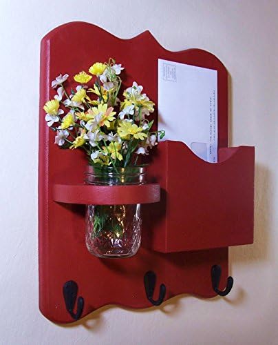 Legacy Studio Décor Mail Organizer Letter Holder with Key Hooks &amp; Mason Jar (Smooth, Barn Red)