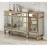 Chans Furniture 60 Inch Gold Wood Frame Mirrored Panels Andrea Storage Sideboard Buffet Cabinet for Living Room