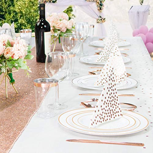 ENUOSUMA Rose Gold Dinnerware Set for 25 Guests [202pcs] Rose Gold Plastic Plates for Party | Disposable Wedding Gold Rim Tableware: Dinner and Dessert Plates, Napkins, Cutlery, Cups, Table Runner - Thumbnail 6