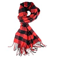 Plum Feathers Plaid Check and Solid Cashmere Feel Winter Scarf (Black-Red Buffalo Check)