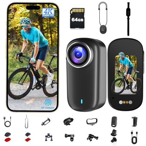 Bextgoo Mini Camera Vlog POV WiFi 4K Action Cam with 64GB Card, Waterproof IP65 Motorcycle Camera, Portable Mini Camera with Battery Life up to 240 Minutes