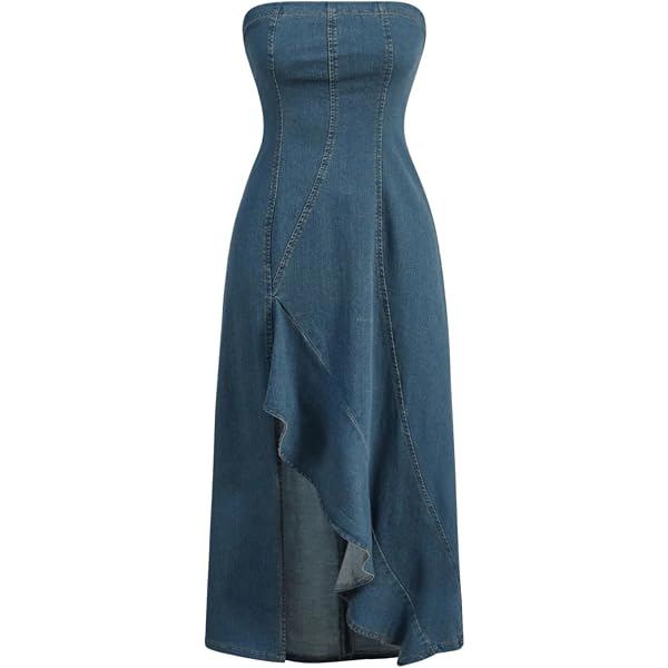 Amazon.com: cffvdiz Blue,S, Womens Sexy Sheath Strapless Denim Maxi Dress  Distressed Tie Dye Front Split Multi Pocket Cargo Denim Long Dresses :  Sports & Outdoors