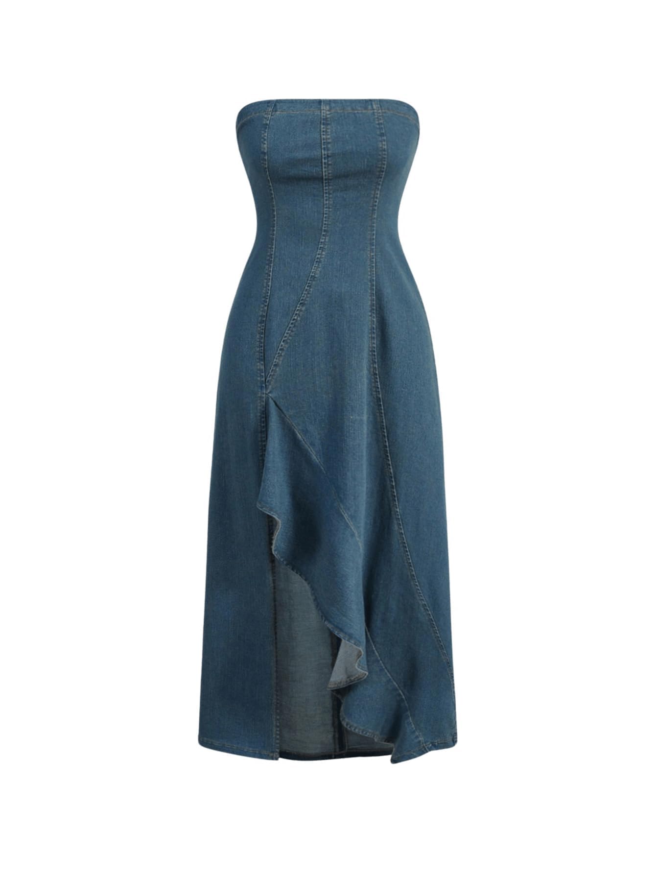 Photo 1 of ***Similar***
MakeMeChic Women's High Split Tube Denim Dress Sleeveless Ruffle Trim Midi A Line Dress X-Large