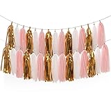Ling's moment 2 X 18pcs Tissue Paper Tassels, Tassel Garland Banner for Wedding, Baby Shower, Event & Party Supplies, DIY Kits - (Pink+Metallic Gold+White)
