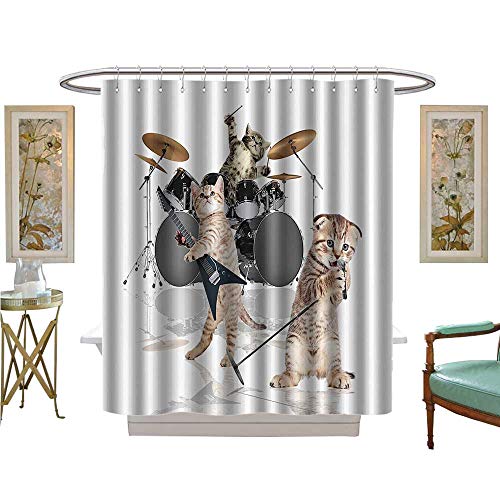 Leigh R. Avans Shower Curtains Waterproof Cool ncy Hard Cute Rocker Band of Kittens with Singer Guitarist Cats Fabric Bathroom Decor Set with Hooks