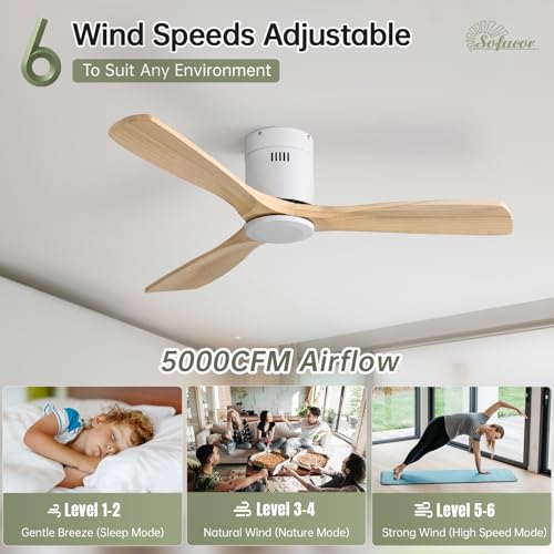Sofucor 132 cm Solid Wood Ceiling Fan, 6 Speed, Control, Timer, DC Motor, Silent Ceiling Fan for Bedroom Living Room