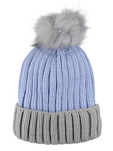 D&Y Rib Knit Beanie with Two Tone Cuff and Faux Fur Pom, Blue