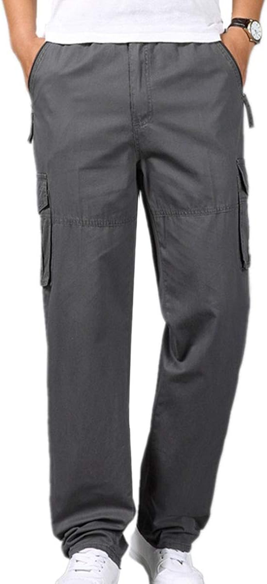 Men's Full Elastic Waist Cargo Pants Casual Loose Fit Straight Leg