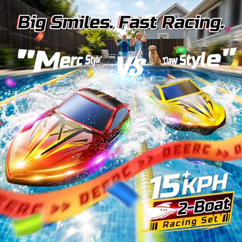 DEERC 2-Pack Fast RC Boats for Kids, Dual-Style Racing Set with LED Lights, 20 KPH High-Speed Remote Control Boats, 4×1200mAh Batteries, Waterproof Toy for Lakes & Pools