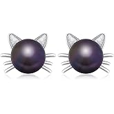 .925 Sterling Silver Cute Cat Kitty and Freshwater-Cultured Pearl Stud Earrings
