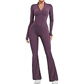 YEOREO Women Long Sleeve Flare Workout Jumpsuit Zip Up Romper Bottom Pants Wide Leg Bodysuit Bodycon Sexy One Piece