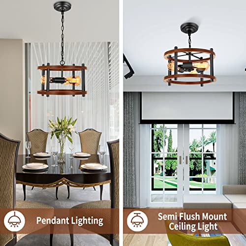 3-Light Farmhouse Pendant Lights Kitchen Island, Black Semi Flush Mount Ceiling Lamp Dining Room Lightting Fixture, Industrial Rustic Wood Hanging Chandelier for Over Sink,Hallway, Entryway