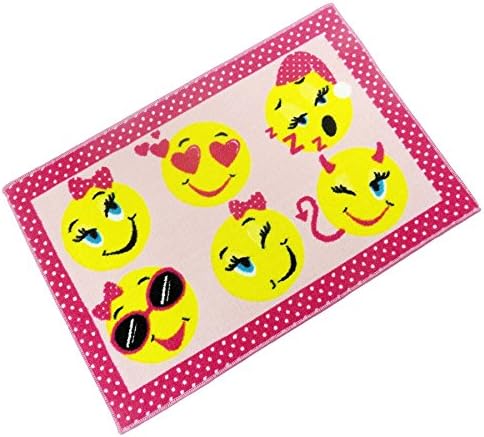 CHILDRENS EMOJI EMOTICONS SMILEY FACES PINK YELLOW ANTI SLIP BEDROOM RUG MAT 60 X 90CM