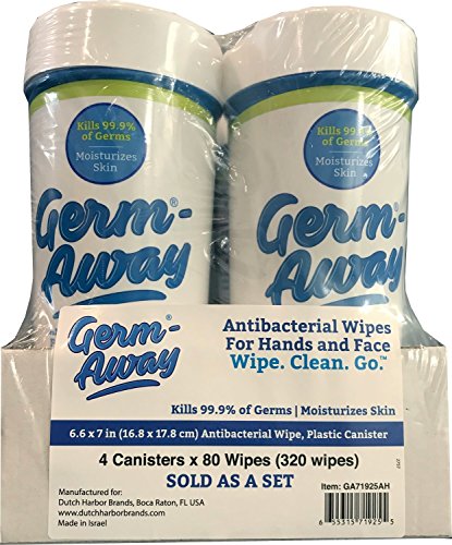 Germ-Away Antibacterial Wipes for Hands and Face, Kills 99.9% Germs on Skin, 80 Wipe Canister Fits in Cup-Holder, (4 Canisters, 320 wipes)