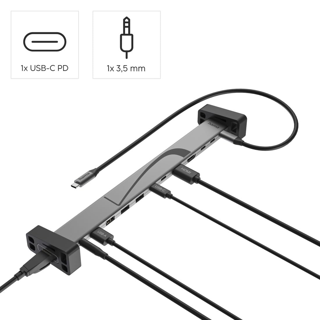 Hama USB C Docking Station, 12 Ports (4X USB A, 2X USB C Daten, 1x Monitor+Daten,1x Power, 2X HDMI, LAN/Ethernet, 3,5mm Audio/AUX, MST, 4K, für Monitor, Festplatte etc.) 2