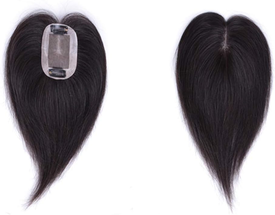 HIKYUU 6inch 7x9cm Hand-made Human Hair Topper Black 100% Real Human Hair Silk Base Top Hairpiece Clip in Hair Topper for Thining Hair