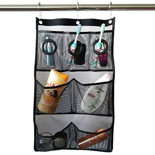 HuiDao Bath Hanging Caddy Shower Hanging Organizer 7 Quick Dry Mesh Pockets Storage Bag with 3 Ring Hooks for Hanging On Bathroom Curtain Rod, 27.5x15.7 Inch (Black) - Thumbnail 7