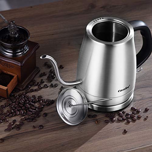 COMFEE' MK-12S07A Gooseneck Electric Kettle Stainless Steel Drip for Pour Over Coffee and Tea, Feature and Thermometer Gauge on Top, 1.2 L, 1500W Fast Boiling. BPA Free