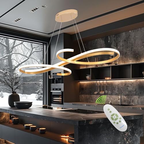 Gold LED Pendant Lamp for Dining Table, Modern Dimmable Dining Table Lamp, 100 cm Long LED Pendant Lamp, Modern Pendant Lamp with Remote Control, Adjustable Height