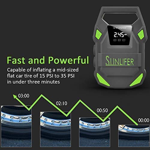 Sunlifer Digital Tire Inflator, 12V Portable Air Compressor, 150 PSI Auto Tire Pump with Bright Flashlight, SOS Emergency Light and Carry Handle for Car, Motorcycle, Bike and Other Inflatable (Green)