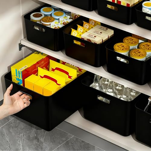 LYLIDIA Pack of 10 Storage Boxes Plastic 30 cm Black Storage Basket Large Basket Storage Baskets Plastic Box Organiser Box for Bathroom Kitchen Cabinet Shelf Organiser Boxes