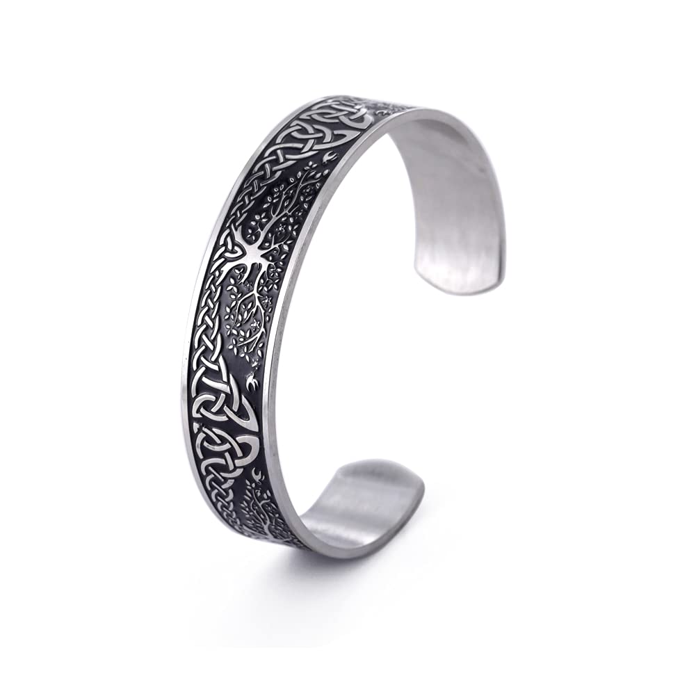 kkjoy Stainless Steel Vintage Viking Bracelet Tree of Life Raven Irish Knotwork 24 Runes Cuff Bangle Wristband Jewelry for Men Women