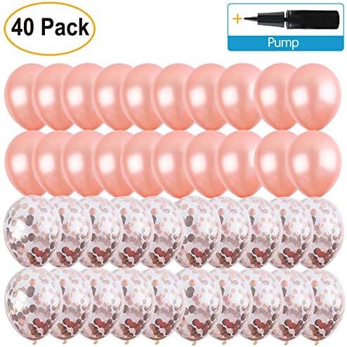 Pack of 40 Balloons with Pump, Includes 20 Rose Gold and 20 Metallic Confetti Pre-Filled Clear 12inch Balloon, Party Supplies and Decorations, for Birthday, Engagement, Bridal Shower (12inc)