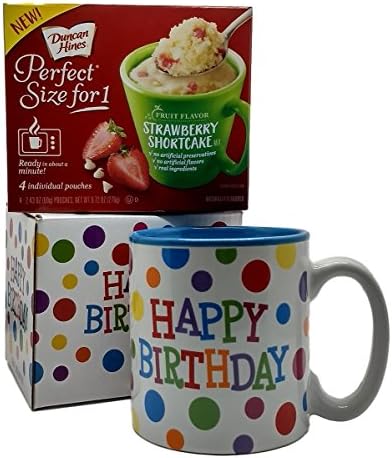 Happy Birthday Mug In Gift Box with 4 Mug Cake Mix Pouches Bundle (Strawberry Shortcake)