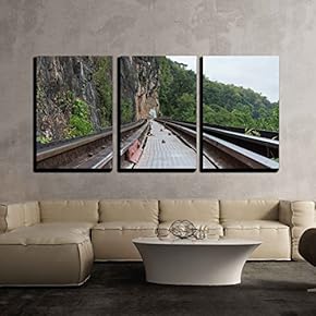 3 Piece Canvas Wall Art - Death Railway at Kanchanaburi in Thailand - Modern Home Art Stretched and Framed Ready to Hang - 16"x24"x3 Panels