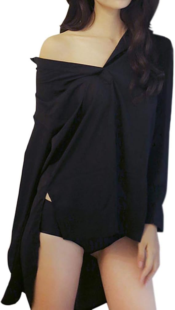 Amazon 大きいサイズ レディース シャツ セクシー 長袖 無地 透け感 ブラウス トップス ロンt 超軽量 彼シャツ 女子力 フェロモン 男ウケ 大胆 過激 ランジェリー 魅せる 寝間着 黒 フリーサイズ シャツ ブラウス 通販