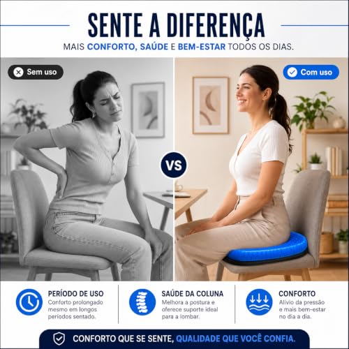 Almofada Ortopédica de Assento em Gel Silicone com Capa (Cóccix/Coluna) | Capa Lavável Antiderrapante, Para Cóccix, Coluna, Hemorroida, Para Idosos, Escritório, Cadeira de Rodas, Carro, Casa