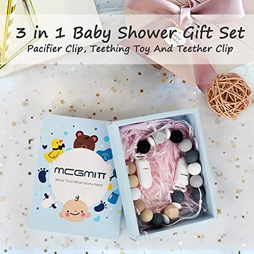 Baby Pacifier Clip, MCGMITT Silicone Teether Beads Binky Holder Teething Relief BPA Free for Girls Boys, 2 Pack Shower Gift Set (Grey+Beige)