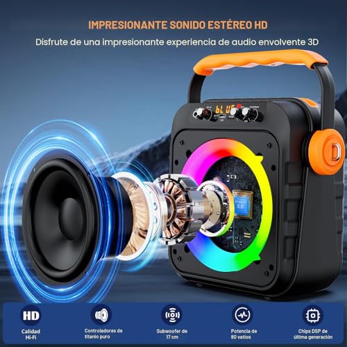 JYX Karaoke 2 Wireless Microphones, Speaker with Microphone, Professional Karaoke, Portable Karaoke, Bluetooth Speaker with LED Light Effects, Suitable for Adults/Children.