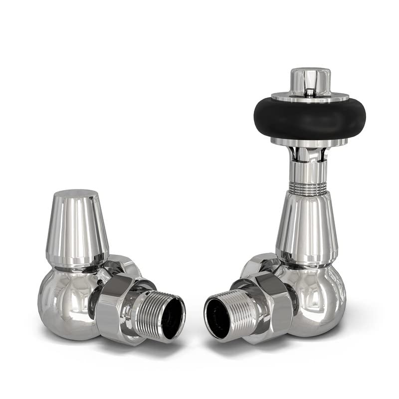 UK Radiators Chrome Thermostatic Radiator Valve and Corner Lockshield - Polished Chrome Finish - Traditional Design 1/2" x 15mm Wooden Head Radiator Valve