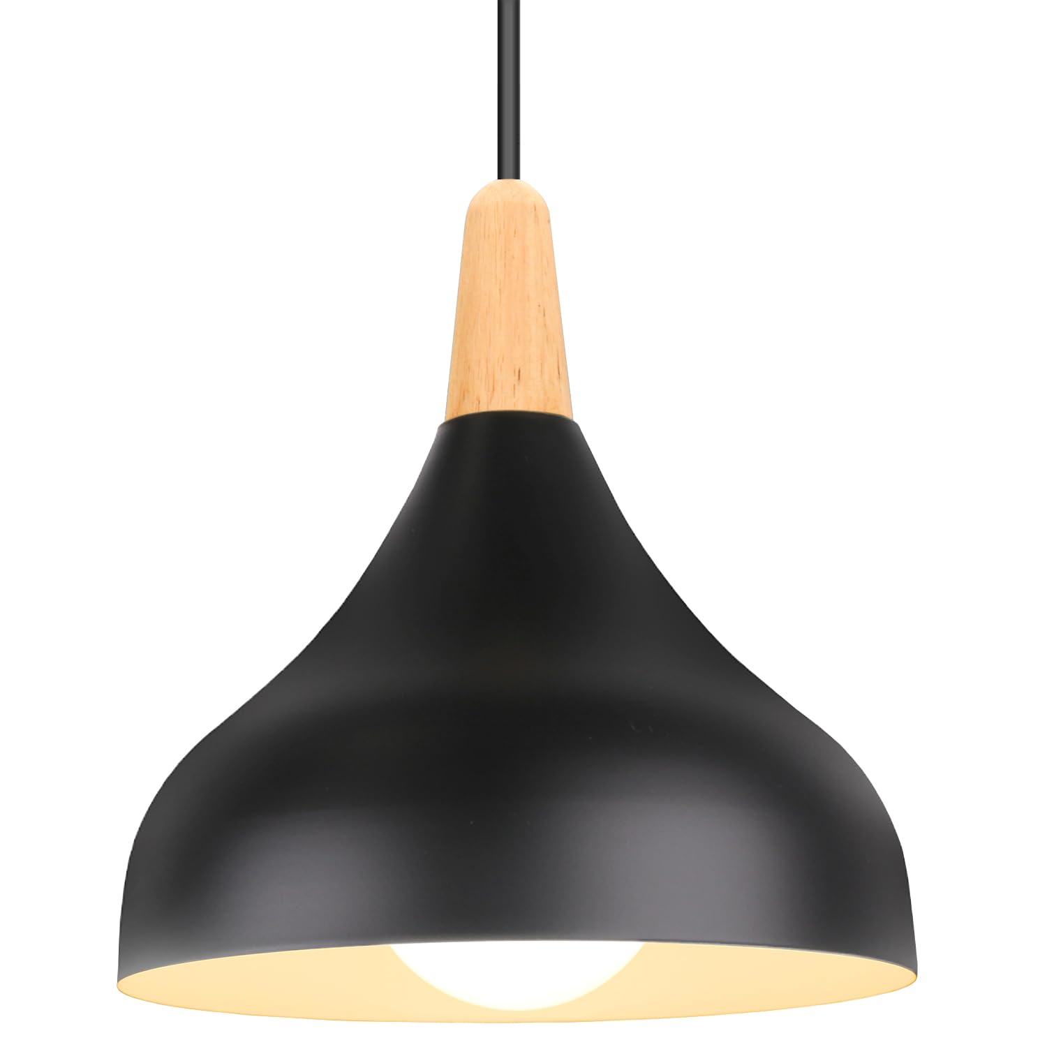 iDEGU Retro Pendant Ceiling Light Modern Drop Style Hat Lampshade E27 Ceiling Light Retro Light Fixture in Metal Wood Pendant Lamp for Bedroom, Dining Room, Kitchen, Φ 20 cm (Black)
