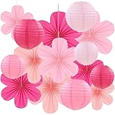 15 Pcs Pink Party Decoration Set Hanging Pink Paper Lanterns Paper Fans for Girl Women Birthday Bridal Shower Baby Shower Party Decorations
