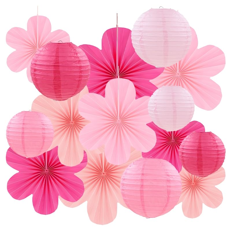 Photo 1 of 15 Pcs Pink Party Decoration Set Hanging Pink Paper Lanterns Paper Fans for Girl Women Birthday Bridal Shower Baby Shower Party Decorations