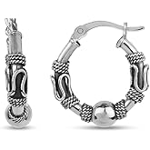 LeCalla 925 Sterling Silver Oxidized Balinese Hoops Earring Jewelry Small Antique Bali Beaded Hoop Earrings for Women