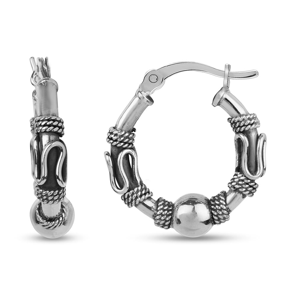 LeCalla 925 Sterling Silver Oxidized Balinese Hoops Earring Jewelry Lightweight Click-Top Bali Bead Hoop Earrings for Women Teen