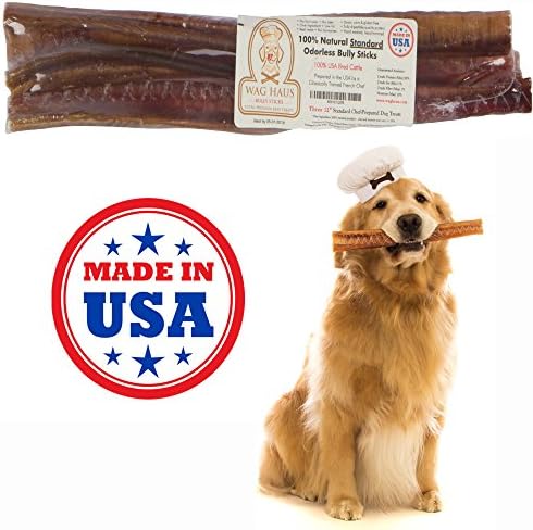 Premium Odor Free Bully Sticks - 100% American Bully Sticks for Dogs Made in USA, Chef Prepared Pack of Three No Odor Long Lasting Dog Chews, 12 Inch Bully Sticks