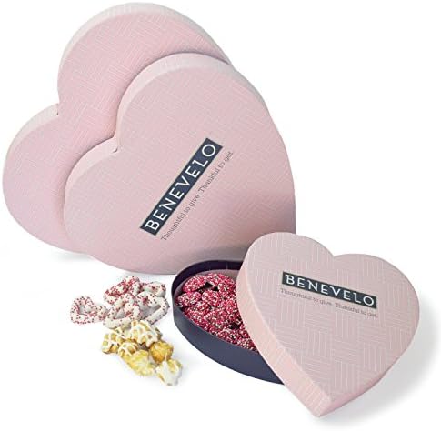 Heart Shaped Gift Box Set with White Drizzle Caramel Popcorn, Heart Shaped White Chocolate Covered Pretzels, and Dark Chocolate Nonpareils, Benevelo Gifts