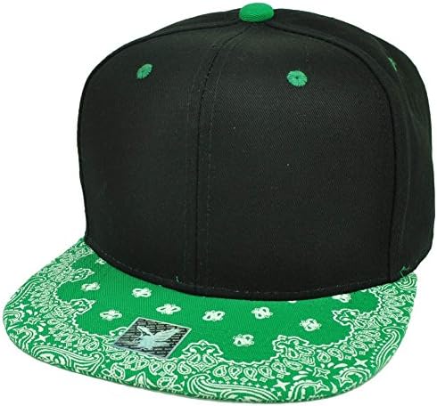 Black Green Bandana Print Pattern Flat Bill Hat Cap Snapback Plain Blank Solid