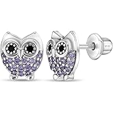 925 Sterling Silver Girls Purple Owl Themed Cubic Zirconia Earrings with Safety Screw Back, Best for Animal Lover Kids-Toddlers and Pre Teens. Go with any Outfits