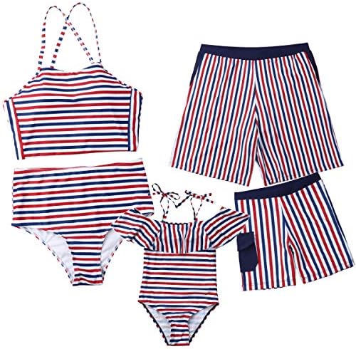 Family Matching Striped Swimwear Mommy Daddy and Me Swimsuit Parent-Child Bikini Trunks Set Bathing Suit