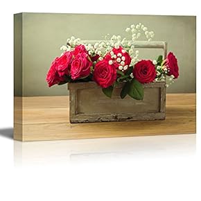 Red Roses Flower Bouquet in Wooden Box Wall Decor
