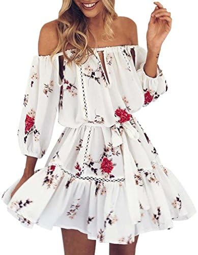Sinineflower Womens Summer Off Shoulder Floral Print Sundress Party Beach Short Mini Dress (S, White)