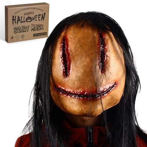 Homgaty Scary Halloween Mask for Adults, Realistic Horror Mask with Hair, Creepy Halloween Mask for Theme Party Cosplay (Style A) — image 1